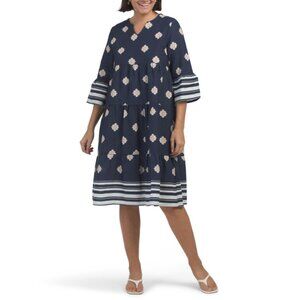 FRANCESCA BETTI  Italy Linen Blend Striped Border Three-quarter Sleeve Dress